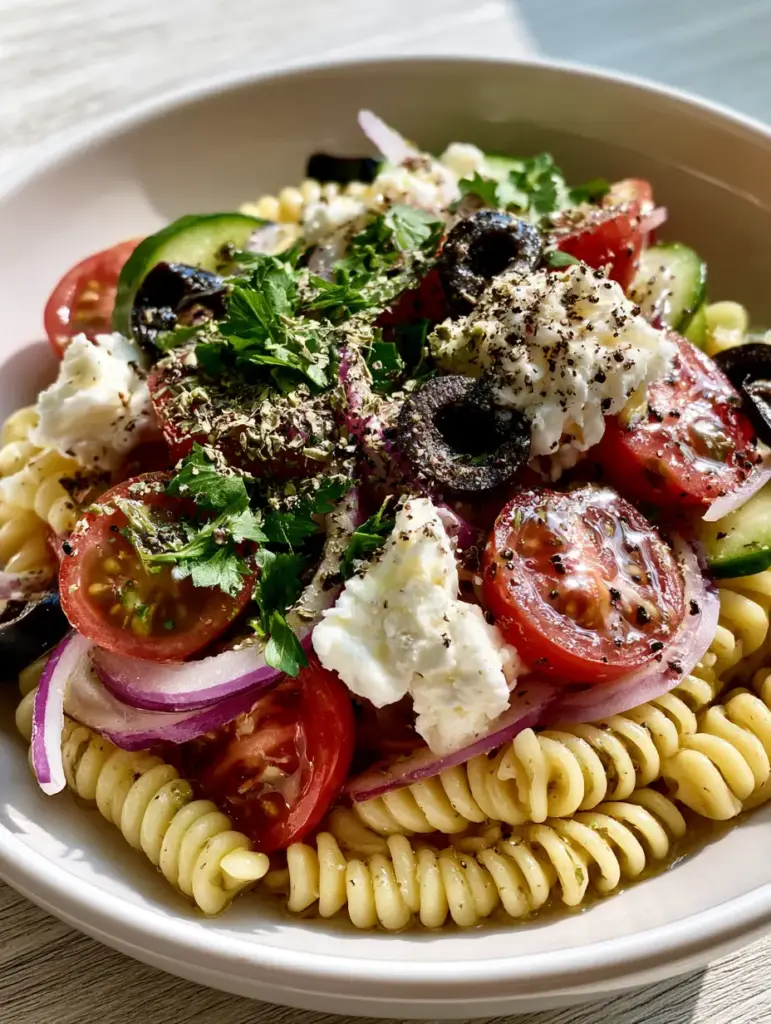 A 45-degree angle close-up of pasta salad with creamy feta and zesty vinaigrette. (pasta salad)