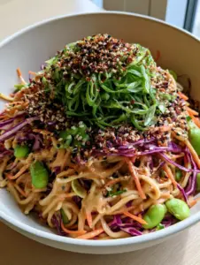 A close up overhead shot of a glossy sesame noodle salad with purple cabbage and edamame.