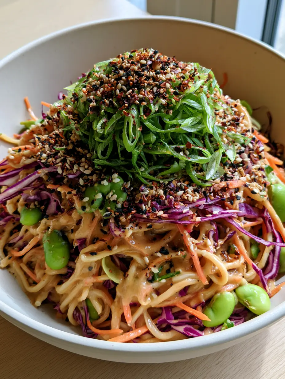Sesame Noodle Salad: The Ultimate Creamy Cold Pasta Recipe 3 A close up overhead shot of a glossy sesame noodle salad with purple cabbage and edamame.