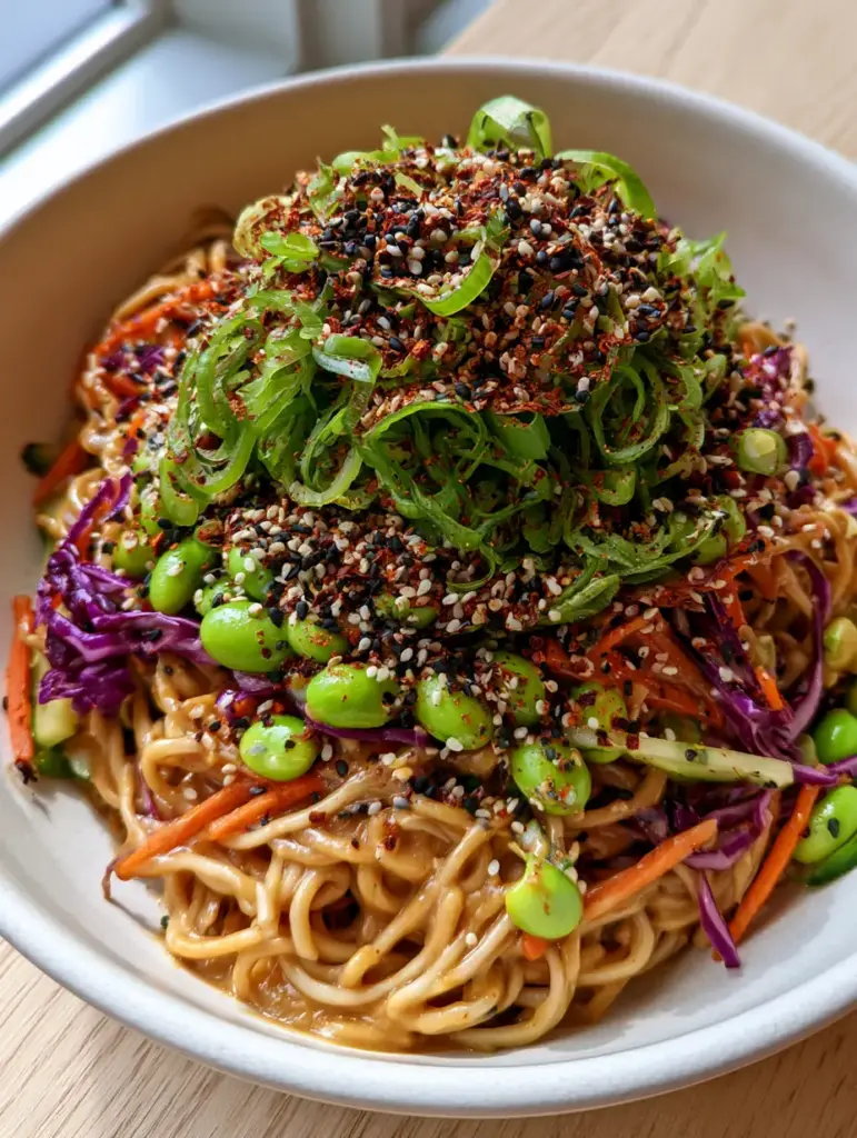 Sesame Noodle Salad: The Ultimate Creamy Cold Pasta Recipe 1 Stylish matte white ceramic bowl filled with sesame noodle salad on a light wood surface.