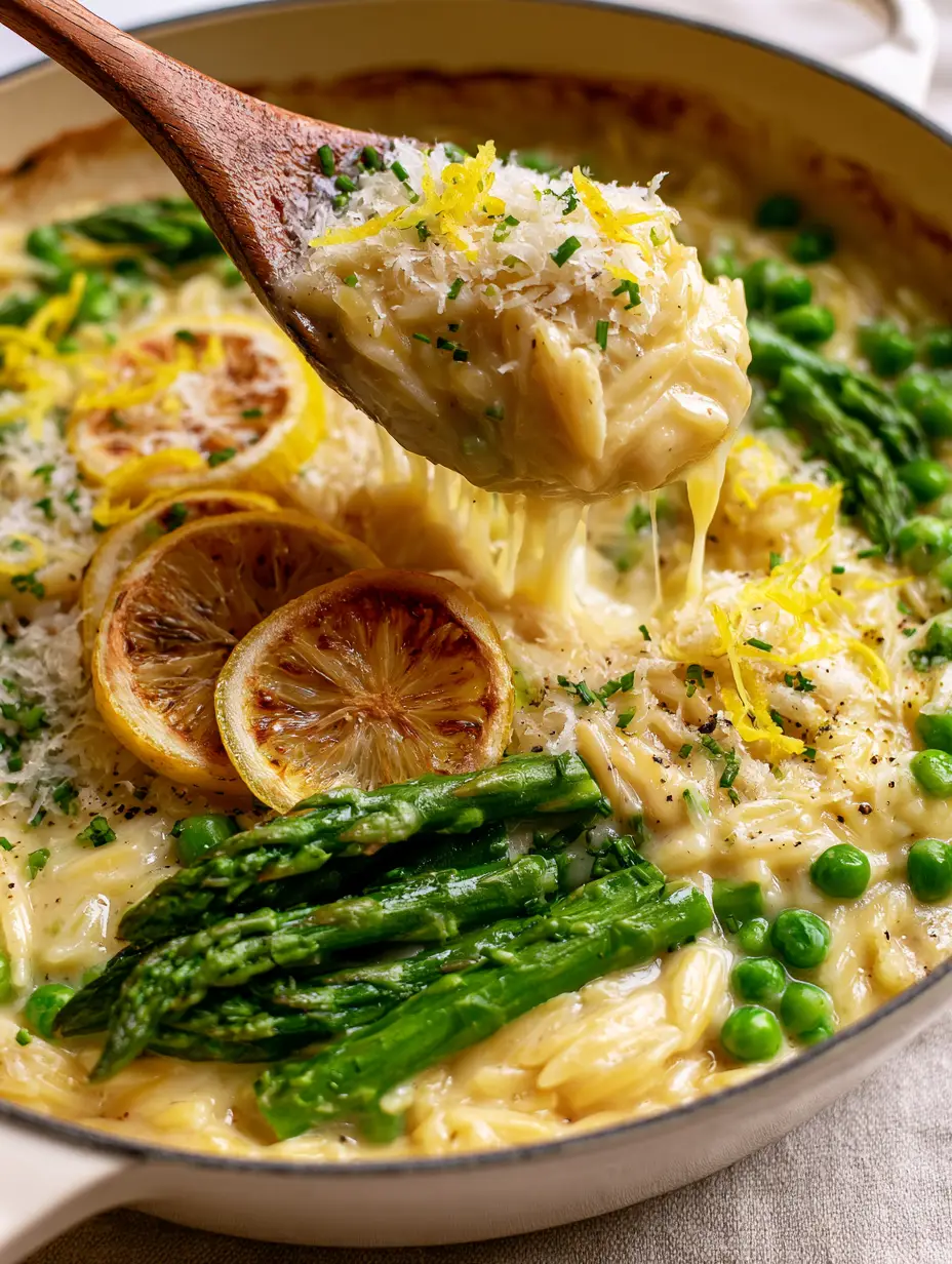 Macro top-down view of Asparagus Peas Orzo featuring bright green asparagus and silky parmesan cream sauce.
