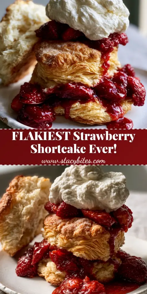A towering gourmet strawberry shortcake on a white plate featuring a flaky sugar-dusted buttermilk biscuit and glossy red berries. (strawberry shortcake recipe)