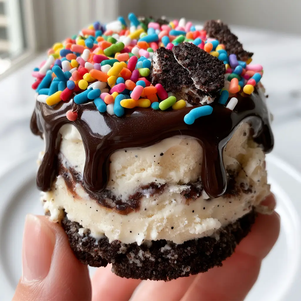 Close up of dark chocolate ganache dripping down the side of Mini Ice Cream Cakes topped with rainbow sprinkles.