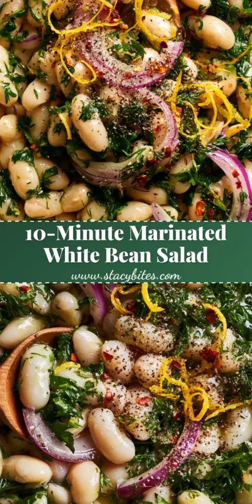Marinated White Bean Salad with Fresh Herbs and Lemon 4 A top-down view of a marinated white bean salad in a white bowl with red onions, fresh dill, and lemon zest curls.