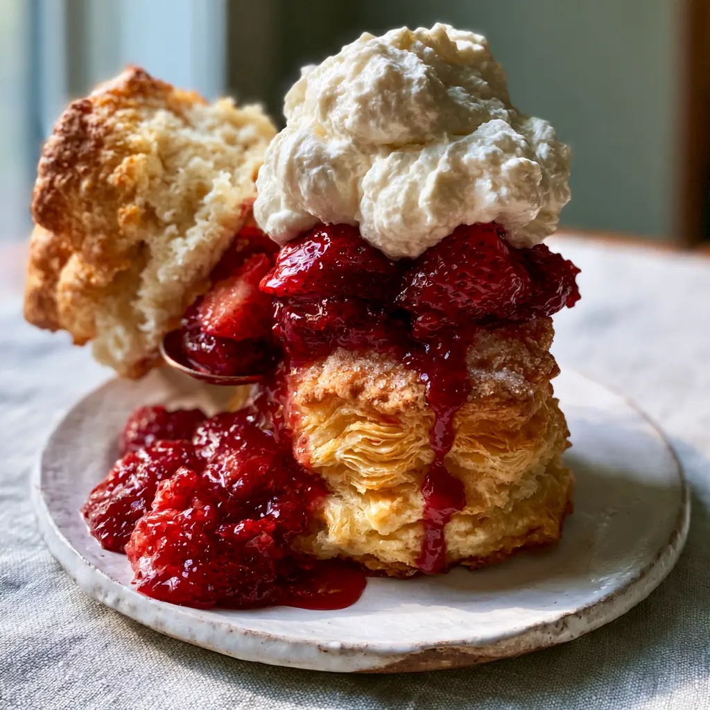 Gourmet strawberry shortcake with glossy red syrup dripping down the side of a sugar-crusted biscuit.