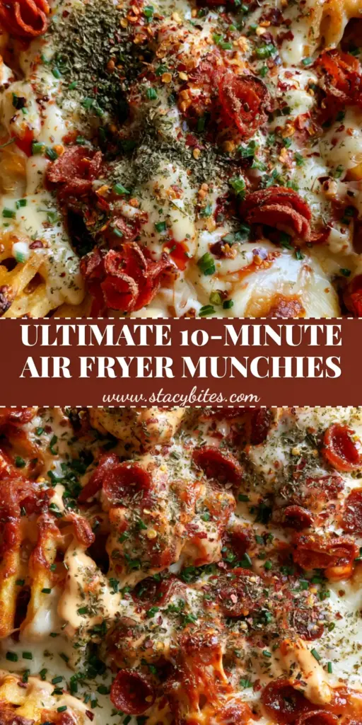 Stoner Snacks: The Ultimate Loaded Pizza Waffle Fries (Air Fryer Recipe) 4 Close up overhead view of loaded pizza waffle fries in an air fryer basket, a perfect example of indulgent stoner snacks.