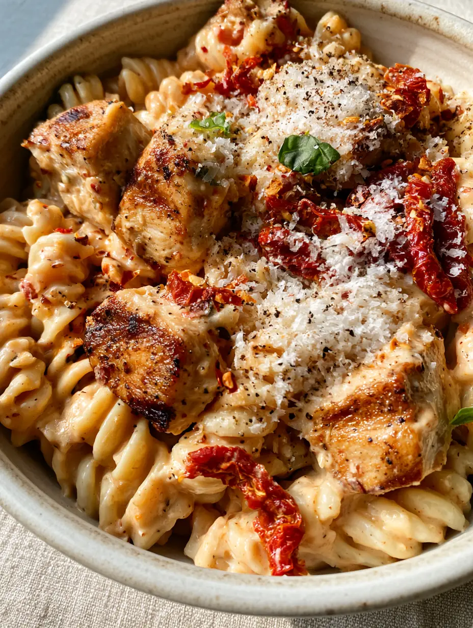 Marry Me Chicken Pasta Salad with Garlic Parmesan Cream 3 Top-down view of Marry Me Chicken Pasta Salad in a white ceramic bowl showing glossy orange sauce and fresh basil. (Marry Me Chicken Pasta Salad)