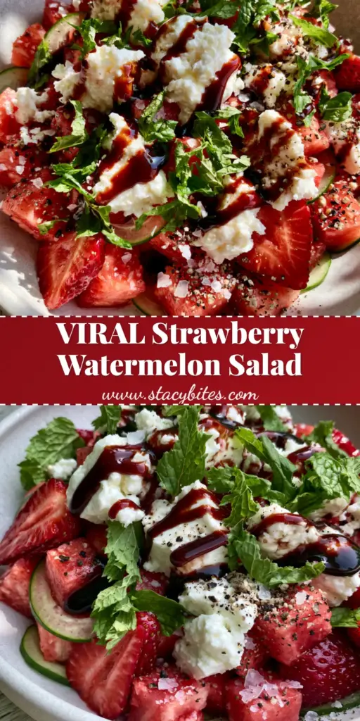 A gourmet strawberry watermelon salad with sliced berries, cubed watermelon, feta, and balsamic glaze in a white bowl. (strawberry watermelon salad)