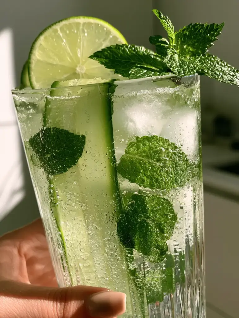 Visualizing the vertical cucumber ribbons and clear ice cubes inside the Cucumber Punch glass.