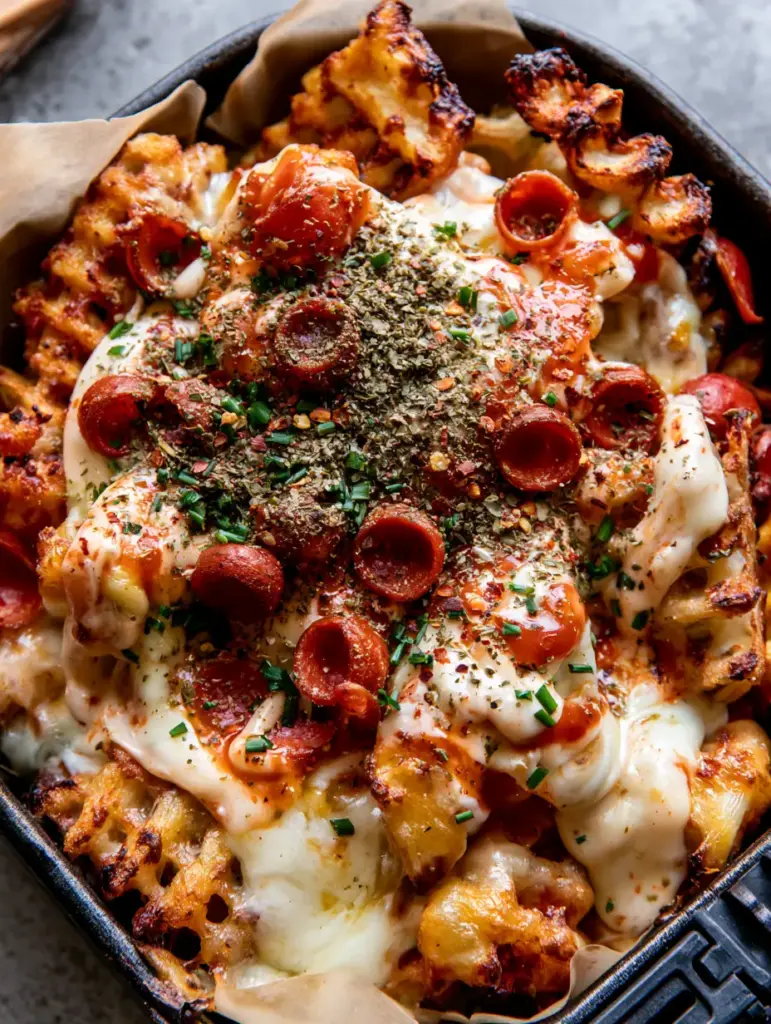 Stoner Snacks: The Ultimate Loaded Pizza Waffle Fries (Air Fryer Recipe) 2 Extra crispy golden brown waffle fries smothered in melted mozzarella and cheddar cheese, typical of high-quality stoner snacks.