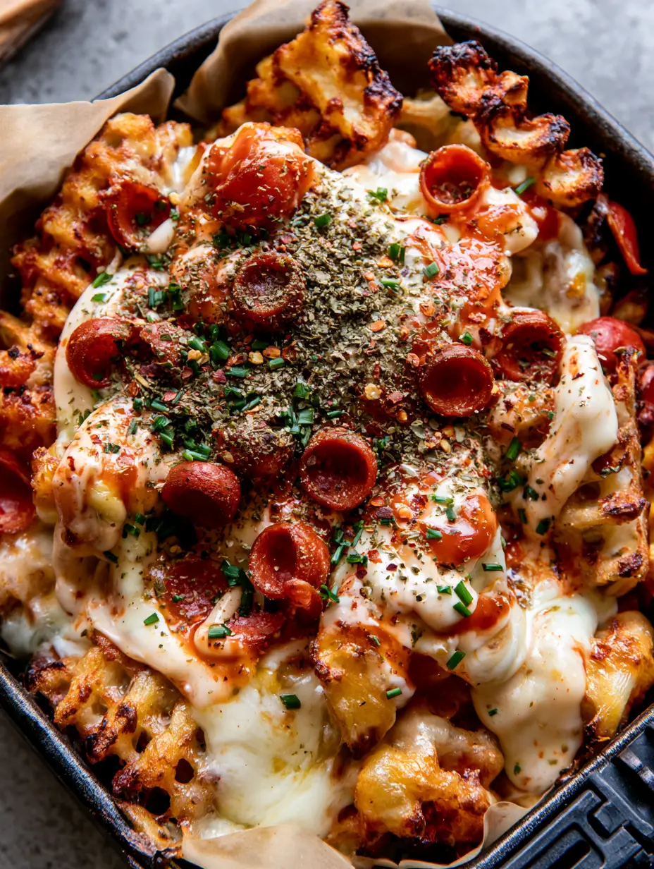 Stoner Snacks: The Ultimate Loaded Pizza Waffle Fries (Air Fryer Recipe) 3 Extra crispy golden brown waffle fries smothered in melted mozzarella and cheddar cheese, typical of high-quality stoner snacks.