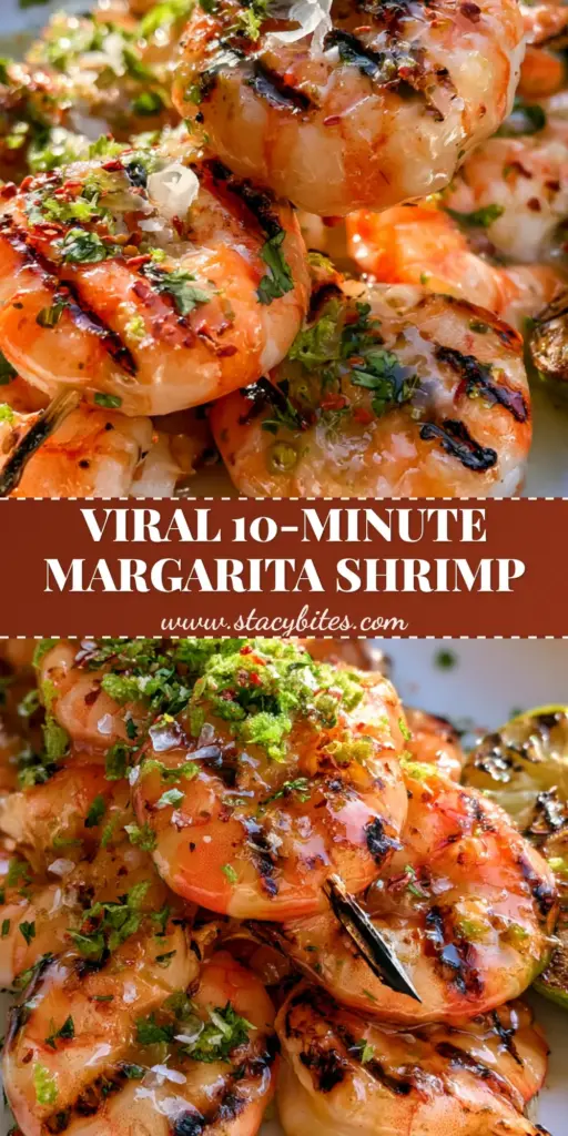 Grilled Margarita Shrimp Kebabs with Zesty Tequila Lime Glaze 3 A tall Pinterest-style image of grilled margarita shrimp kebabs on a white platter, showing charred jumbo shrimp with a glossy lime glaze and fresh cilantro.