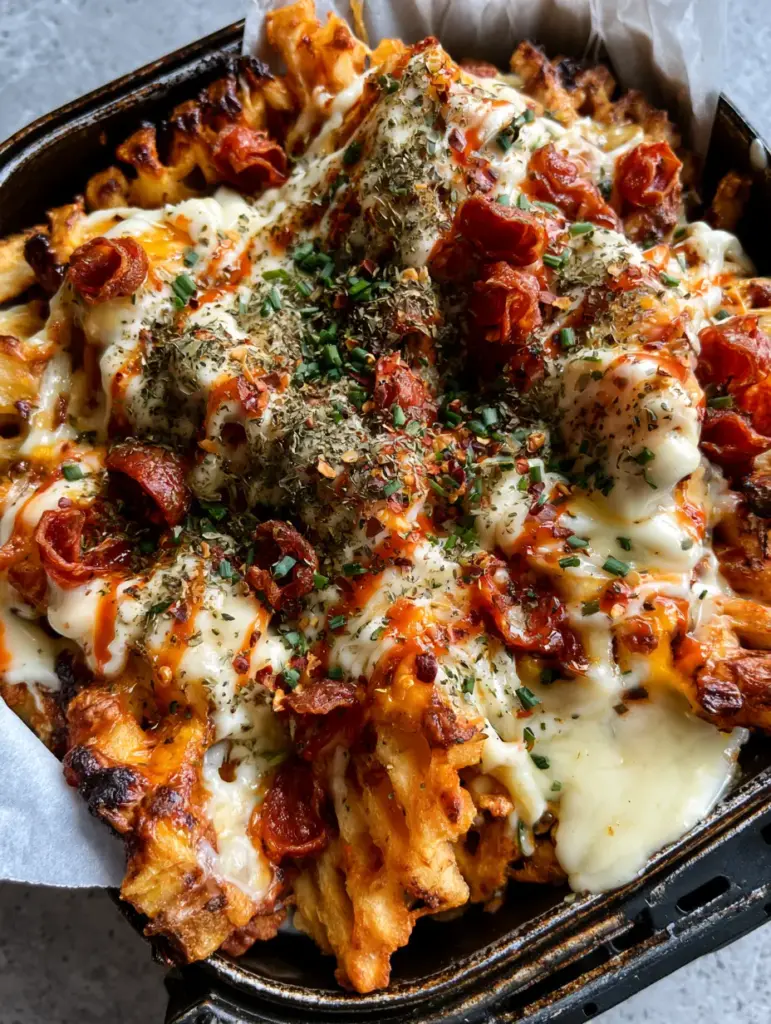 Stoner Snacks: The Ultimate Loaded Pizza Waffle Fries (Air Fryer Recipe) 1 A messy drizzle of sriracha and garlic aioli over loaded pepperoni waffle fries, a top-tier choice for stoner snacks.