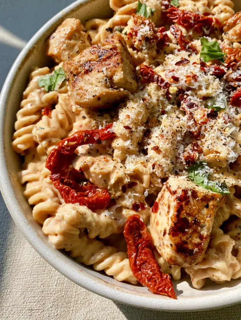 Marry Me Chicken Pasta Salad with Garlic Parmesan Cream 1 Close-up of seared chicken chunks and julienned sun-dried tomatoes in a creamy pasta salad.