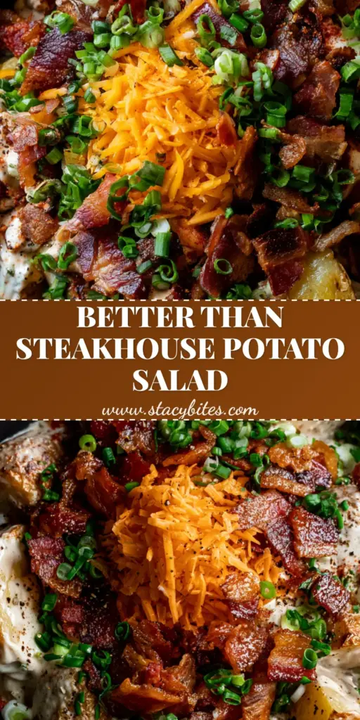 A top-down Pinterest pin of loaded baked potato salad featuring roasted Yukon gold potatoes, crispy bacon, and cheddar in a black bowl.