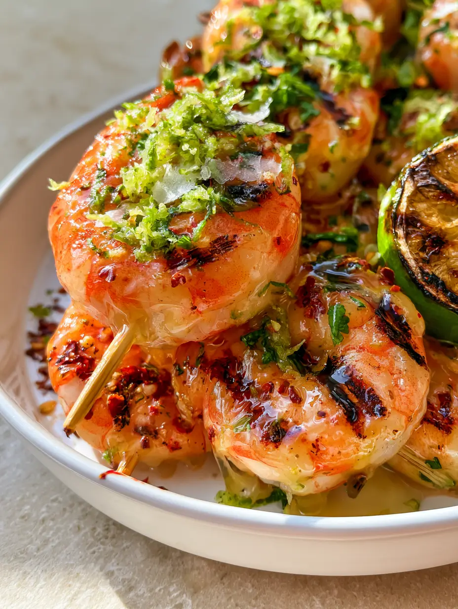 Grilled Margarita Shrimp Kebabs with Zesty Tequila Lime Glaze 4 Close up photo of grilled margarita shrimp kebabs with distinct grill marks and glistening tequila lime glaze on a white ceramic plate.