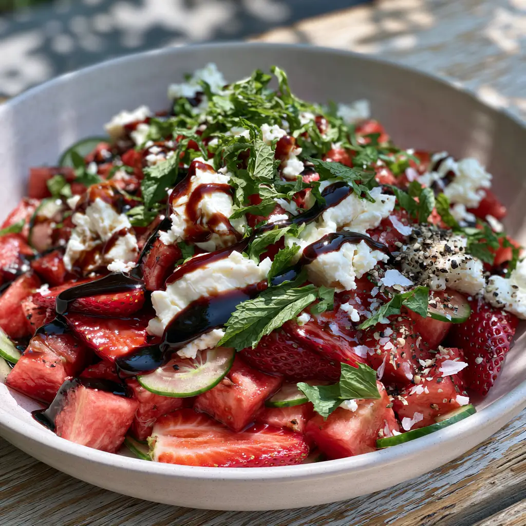 Slightly angled view of strawberry watermelon salad on a wooden table in natural sunlight.