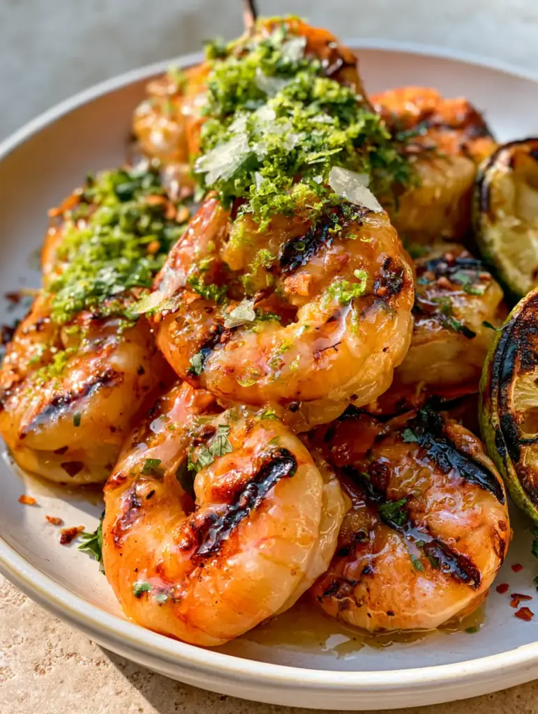 Grilled Margarita Shrimp Kebabs with Zesty Tequila Lime Glaze 1 Handheld smartphone shot of grilled margarita shrimp kebabs being served on a stone countertop, highlighting the fresh lime zest and sea salt flakes.