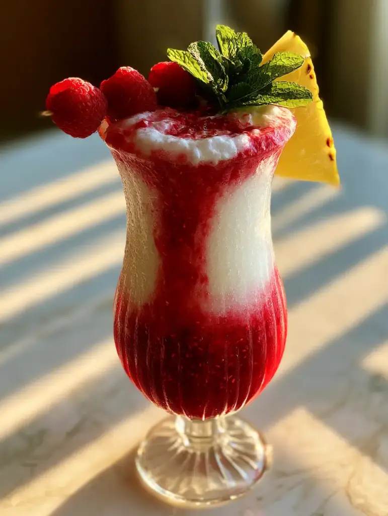 Close up of a raspberry piña colada showing the frosty texture and raspberry juice bleeding into the white coconut cream.