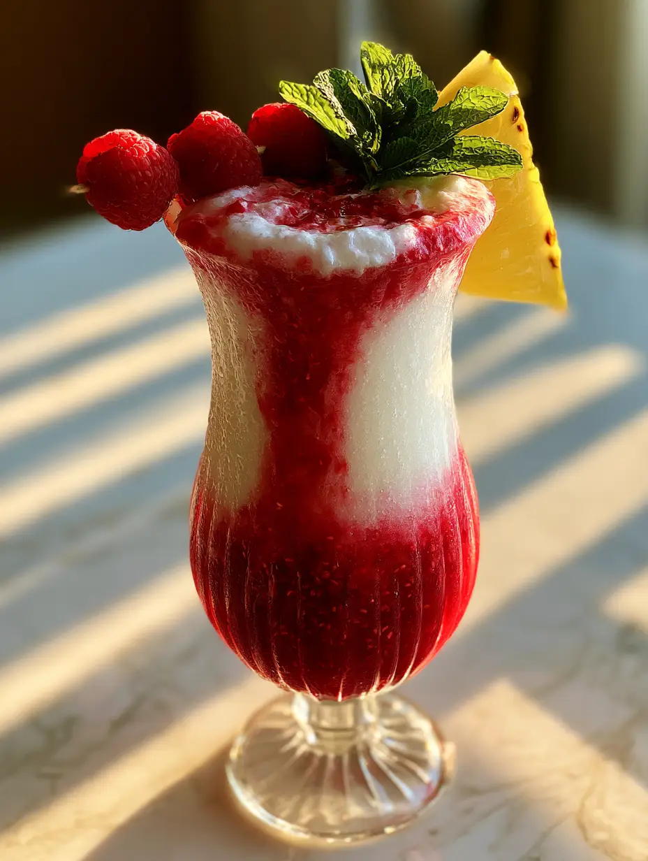 Raspberry Piña Colada: The Ultimate Layered Tropical Frozen Drink 3 Close up of a raspberry piña colada showing the frosty texture and raspberry juice bleeding into the white coconut cream.