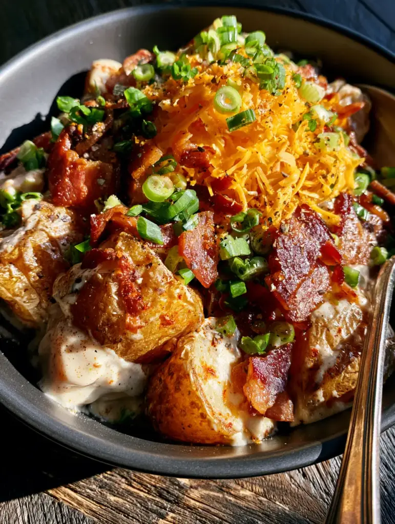 Loaded baked potato salad topped with thick-cut bacon shards and finely shredded cheddar cheese.