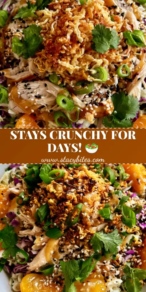 ramen Chinese chicken salad with Crispy Toasted Noodles 3 A vertical overhead shot of a ramen Chinese chicken salad in a white bowl, showing crispy toasted noodles and mandarin oranges.