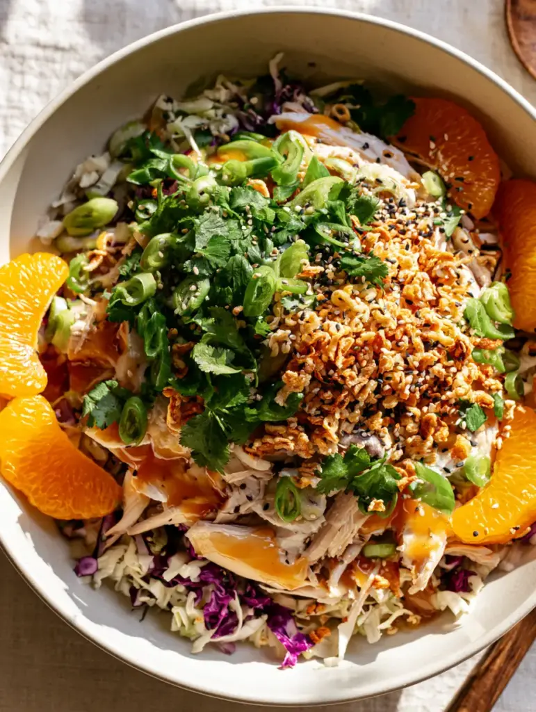 ramen Chinese chicken salad with Crispy Toasted Noodles 2 Top-down view of a vibrant ramen Chinese chicken salad with shredded purple cabbage and glossy dressing.