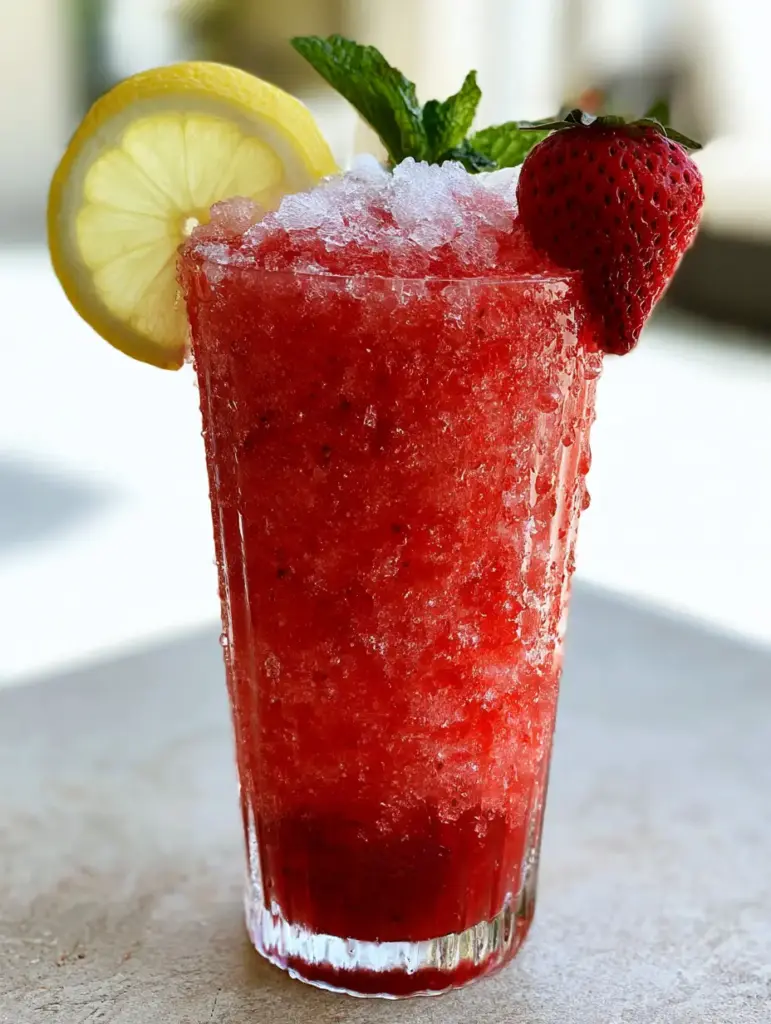 Close up of ruby-red Frozen Strawberry Lemonade Slush showing tiny sparkling ice shards and a micro-shaved ice peak.