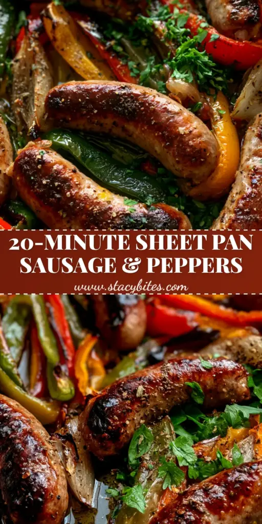 Sausage and Peppers Recipe: The Ultimate Blistered Sheet Pan Dinner 4 A top-down view of a sheet pan filled with charred Italian sausages and blistered stoplight bell peppers. (sausage and peppers recipe)