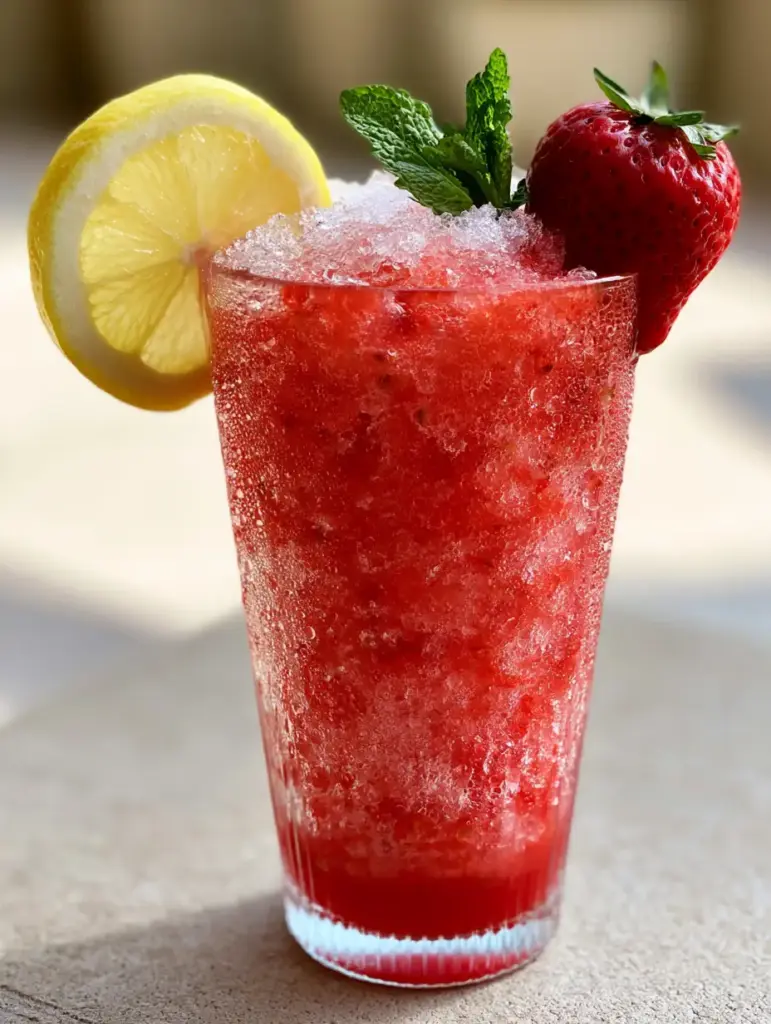 Frozen Strawberry Lemonade Slush: The Ultimate Crystalline Summer Refreshment 1 High angle shot of Frozen Strawberry Lemonade Slush garnished with a lemon wheel and fresh strawberry on a sunlit patio.