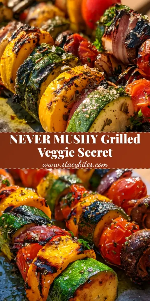 Three rainbow Grilled Veggie Skewers with charred zucchini and blistered tomatoes on a stone platter.