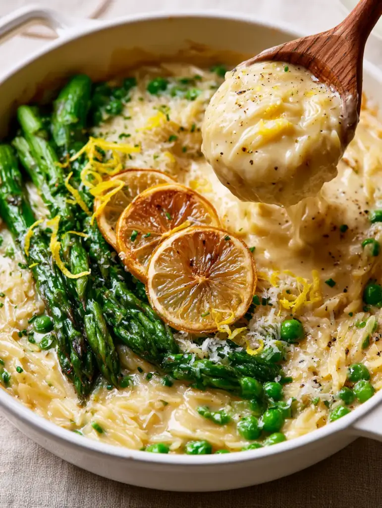 A wooden spoon lifting a dripping scoop of Asparagus Peas Orzo with caramelized lemon slices on top.