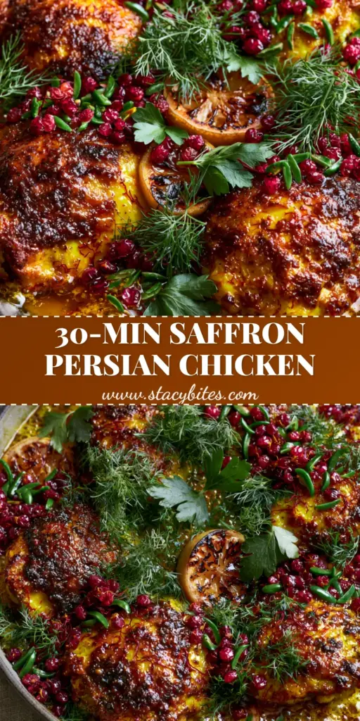 A close-up of Persian chicken in a cast iron pan with golden skin, red barberries, and green pistachios.
