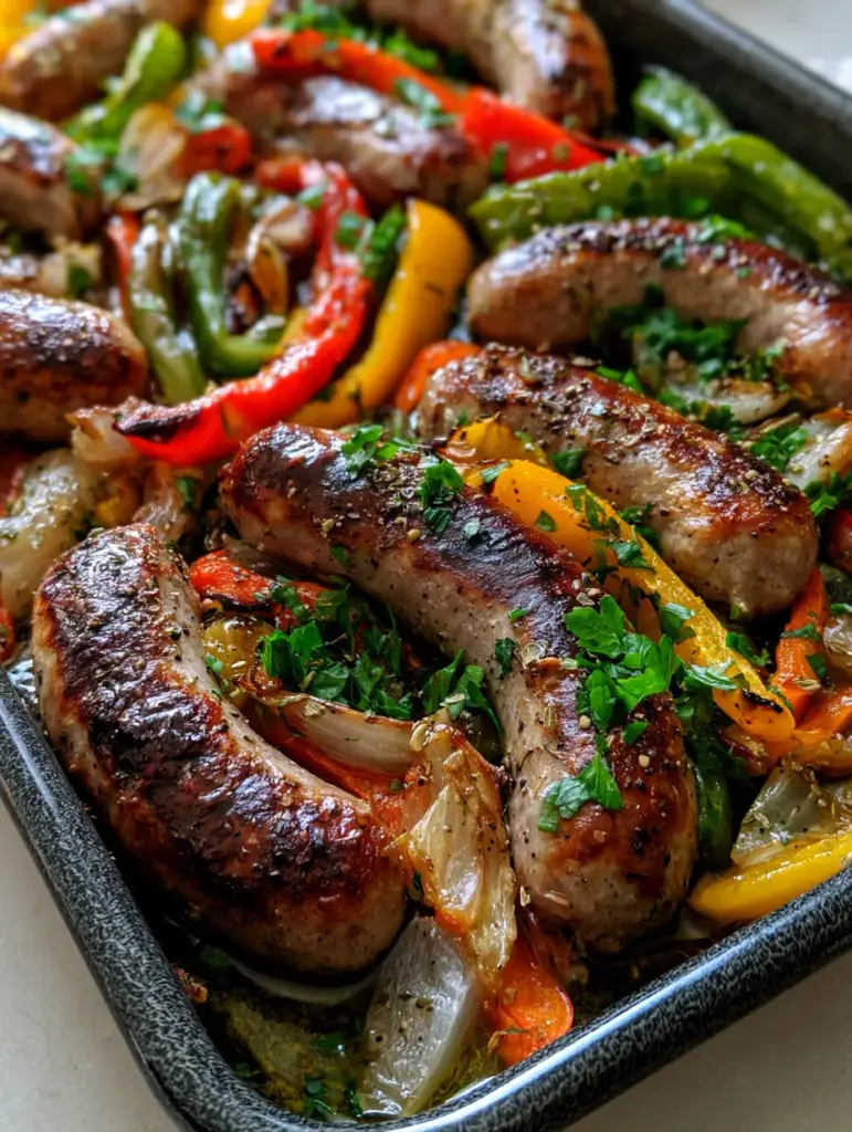 Sausage and Peppers Recipe: The Ultimate Blistered Sheet Pan Dinner 2 Close-up of seared Italian sausages with charred red and green pepper strips on a dark pan. (sausage and peppers recipe)