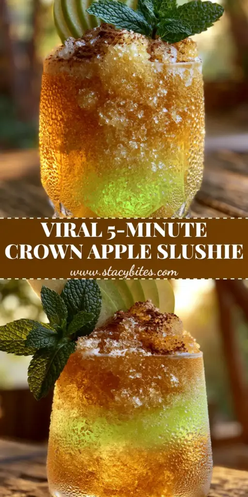 A handheld smartphone photo of a vibrant neon green Crown Apple Slushie in a frosted crystal tumbler with apple fan and mint garnish.