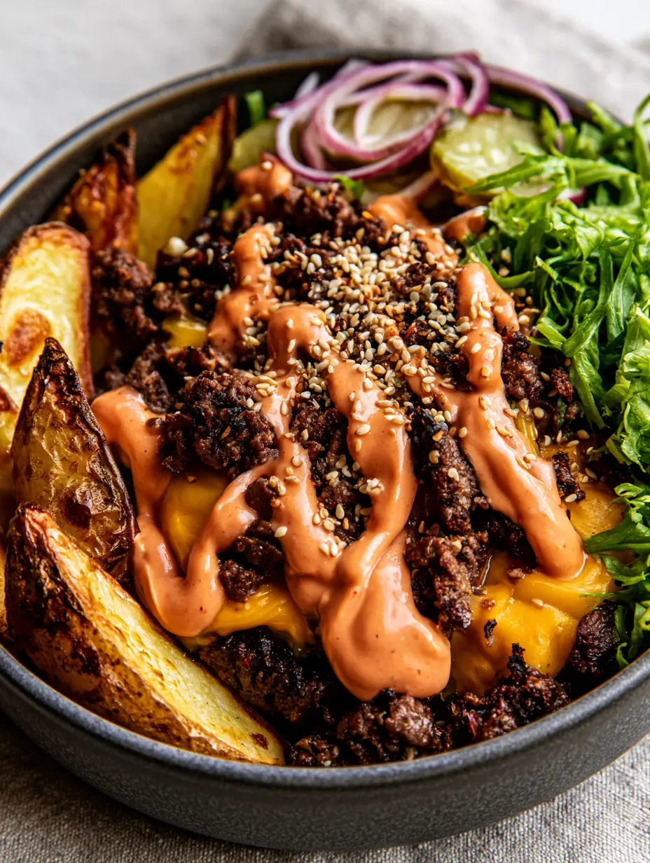 Smash Burger Bowl with Crispy Roasted Potato Wedges 4 Macro shot of craggy crispy-edged beef crumbles and salmon-colored special sauce in a smash burger bowl. (smash burger bowl)
