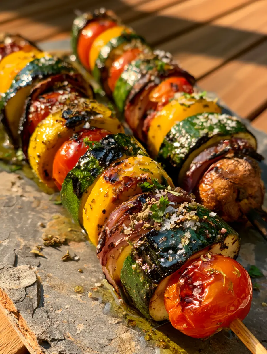 Close up of Grilled Veggie Skewers showing glistening herb-infused oil and flaky sea salt.