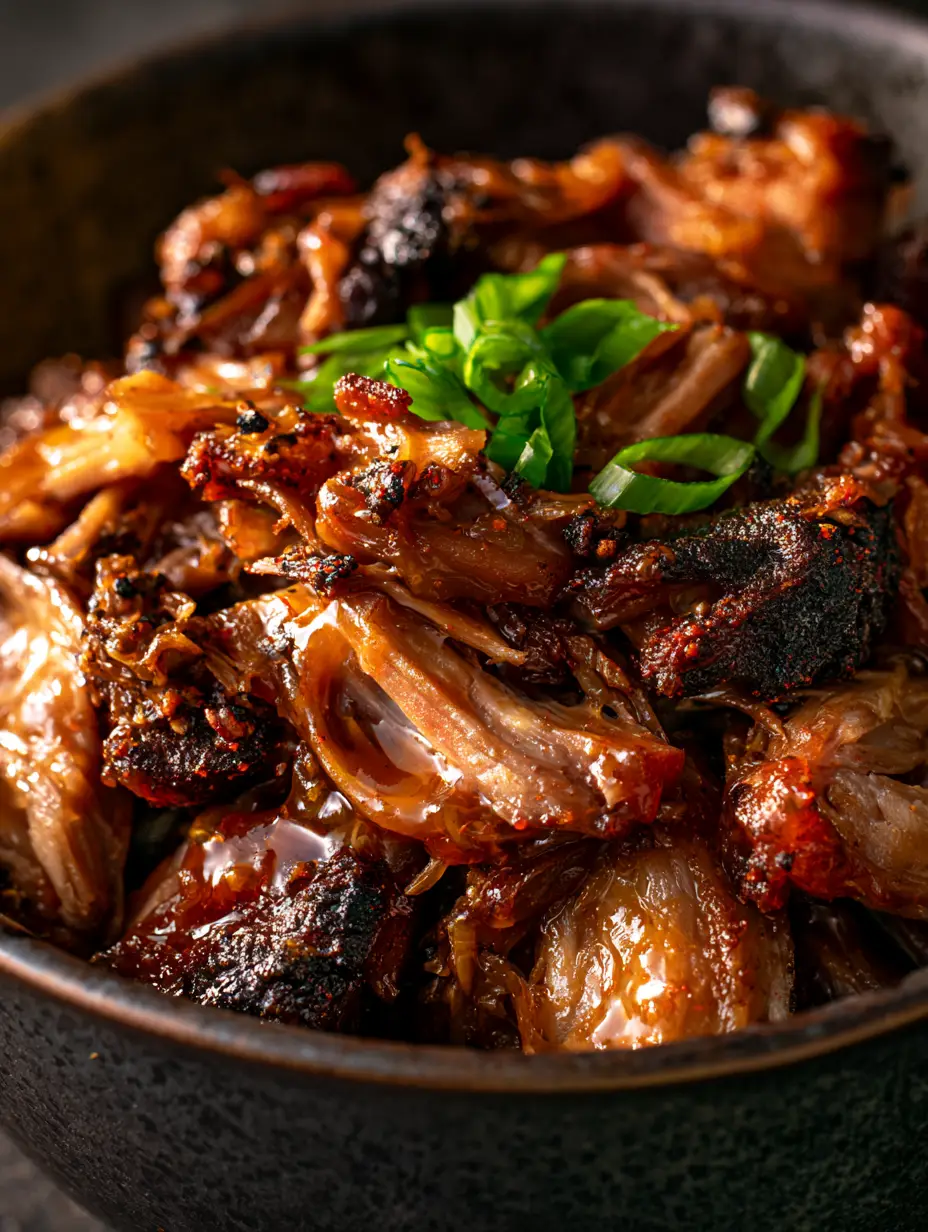 Macro shot of slow cooker bbq pulled pork sandwiches meat showing succulent fibers and dark bark in a charcoal bowl.
