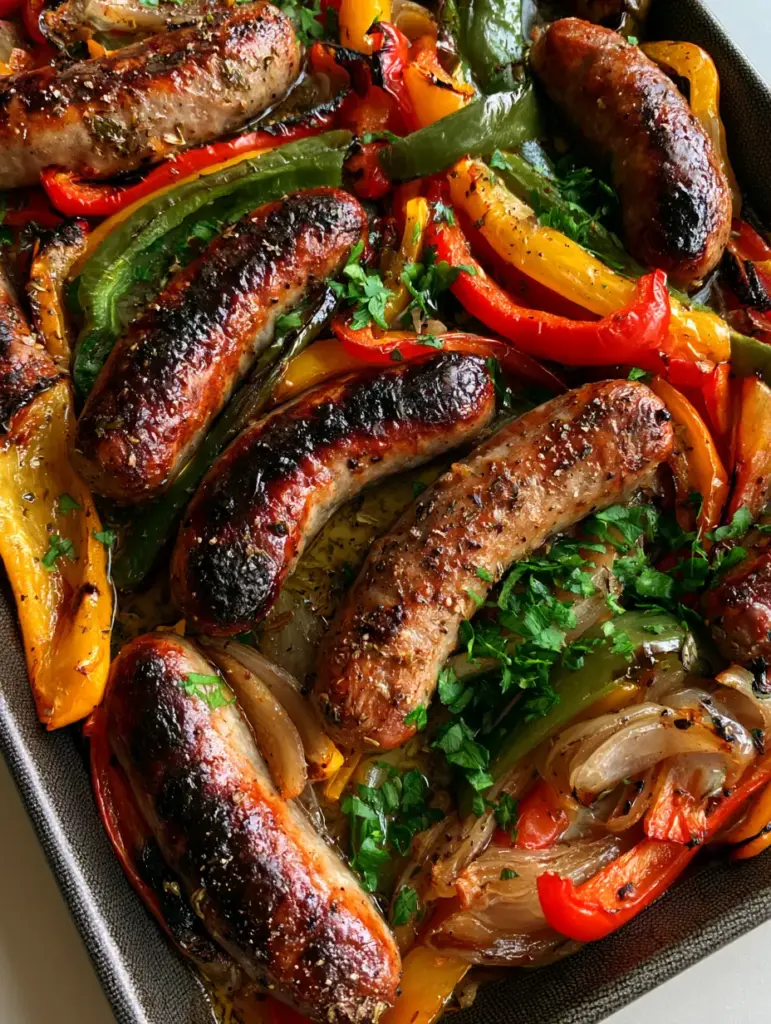Sausage and Peppers Recipe: The Ultimate Blistered Sheet Pan Dinner 1 Stoplight bell peppers roasted until blistered and scattered with caramelized white onion wedges.