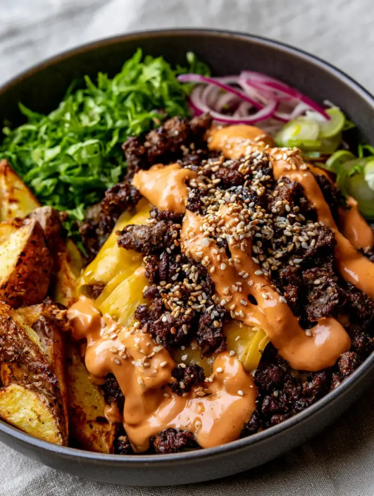 Smash Burger Bowl with Crispy Roasted Potato Wedges 1 Golden blistered potato wedges and fresh romaine lettuce in a charcoal ceramic bowl. (smash burger bowl)