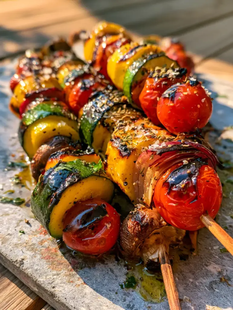Handheld photo of Grilled Veggie Skewers on a wooden patio table in warm natural sunlight.