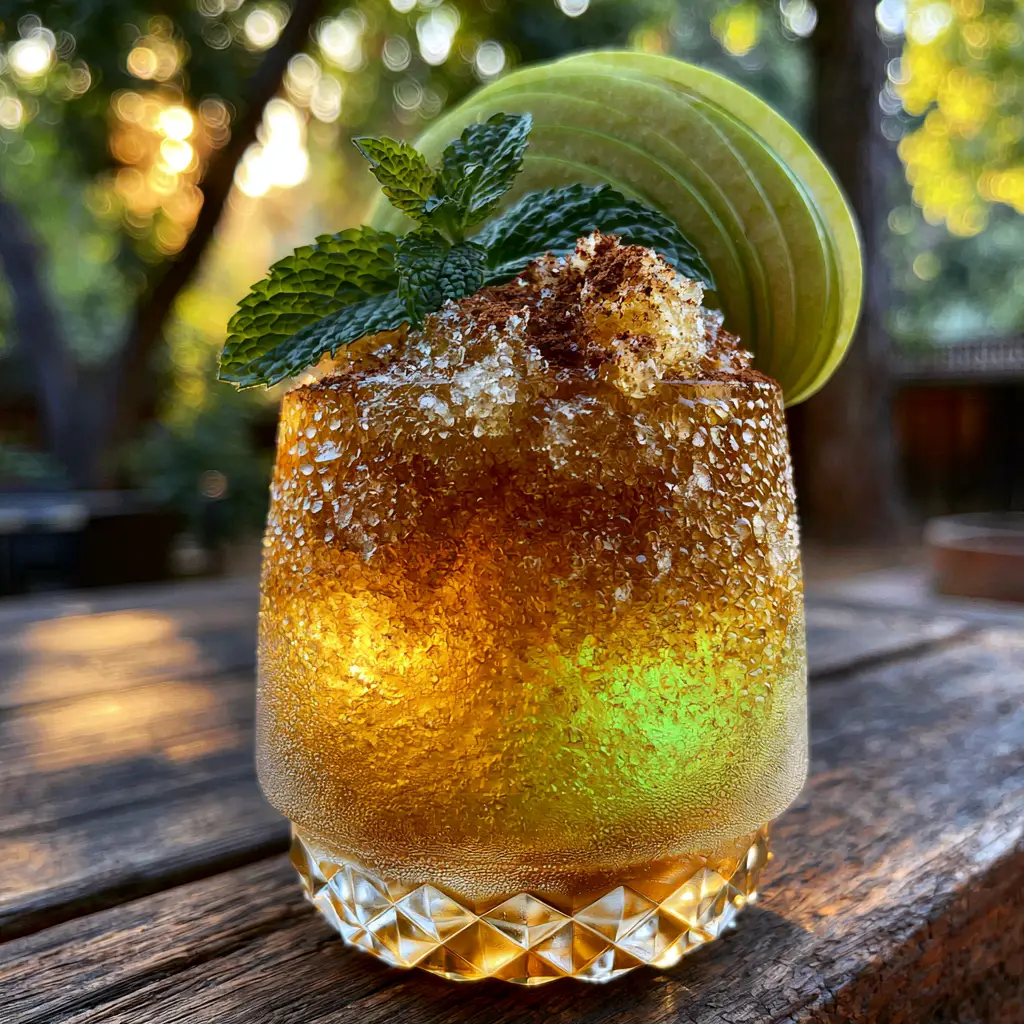 Crown Apple Slushie with dense micro-ice texture and golden-amber glow in a crystal glass.