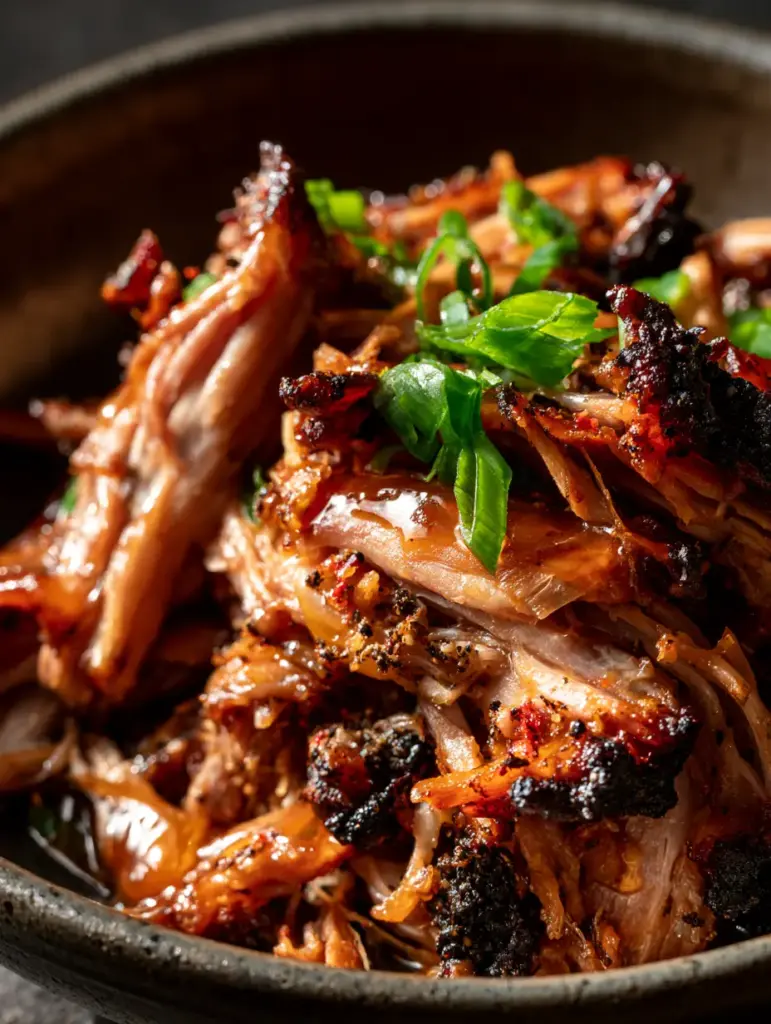 Detailed view of slow cooker bbq pulled pork sandwiches meat glistening with amber sauce and fresh green scallions.