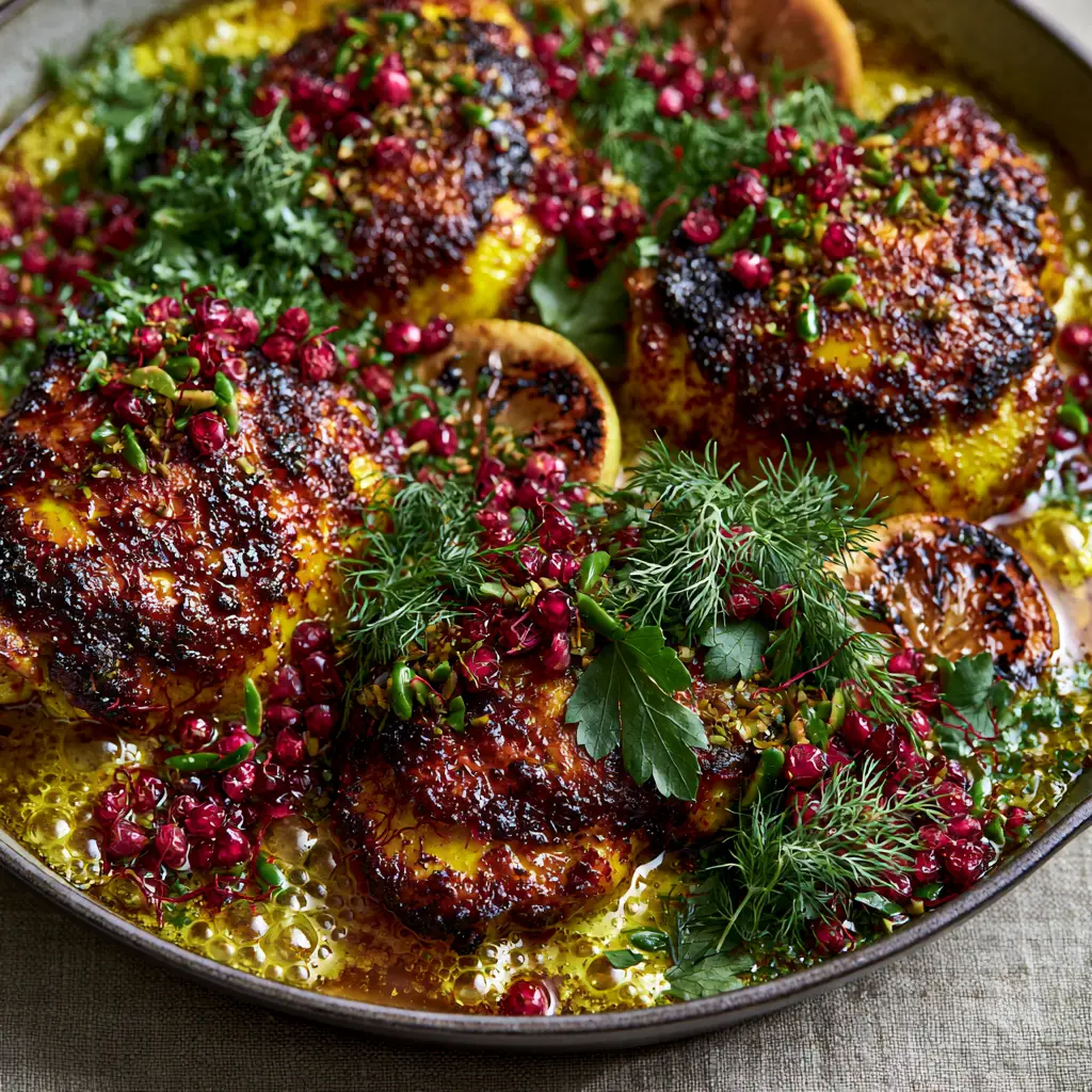 Detailed shot of bubbling honey glaze on Persian chicken with charred lemons and emerald pistachios.