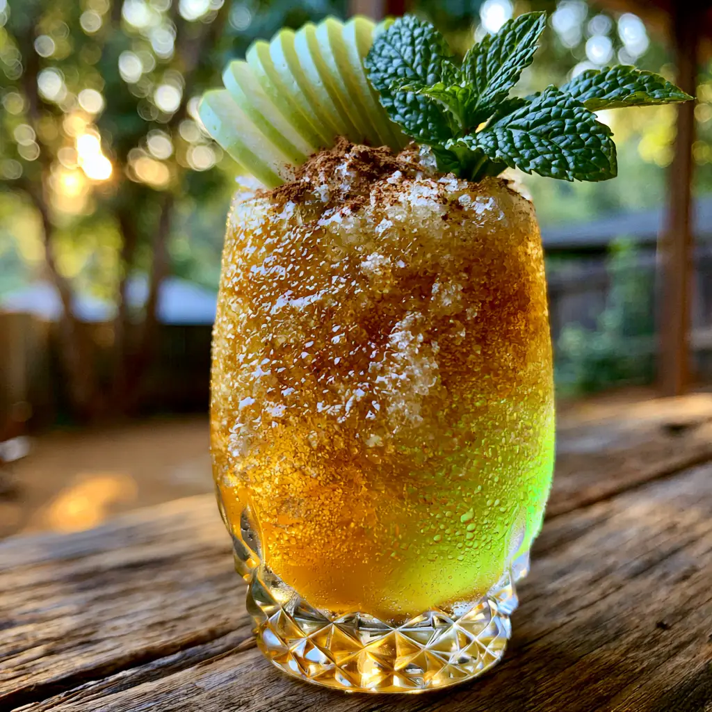 Frosted glass of Crown Apple Slushie showing heavy condensation and a thin Granny Smith apple garnish.