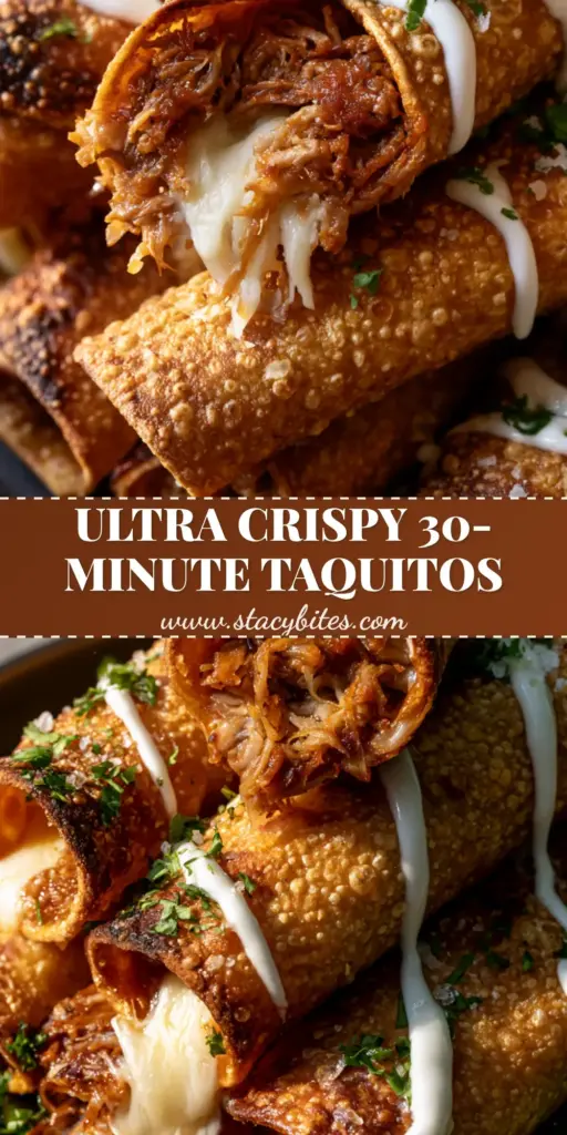 Pulled Pork Taquitos with Blistered Corn Tortillas 3 A stack of crispy golden-brown pulled pork taquitos with a lime crema drizzle and fresh jalapeños.