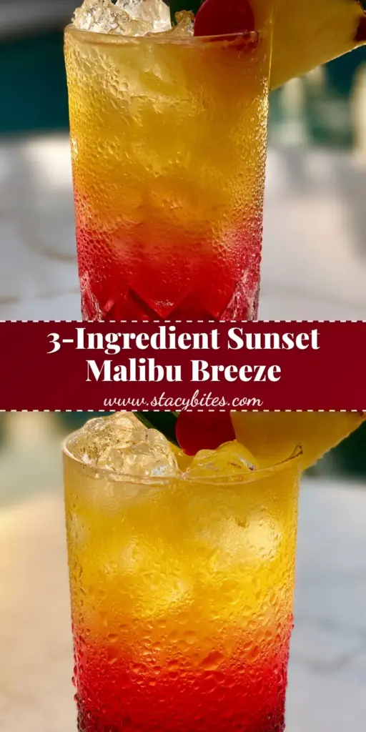 Malibu Bay Breeze Cocktail: The Ultimate Sunset Layered Drink 4 A luxury Malibu Bay Breeze Cocktail in a crystal highball glass with a sunset gradient, pineapple wedge, and maraschino cherry garnish.