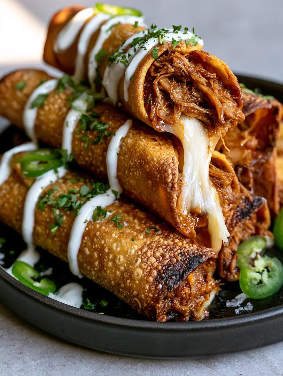 Pulled Pork Taquitos with Blistered Corn Tortillas 4 Macro shot of blistered corn taquitos revealing a steaming center of BBQ pulled pork and melted cheese. (pulled pork taquitos)
