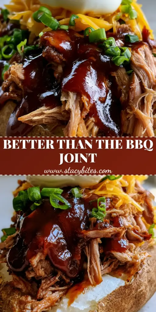A towering Loaded Baked Potato with Pulled Pork featuring a mountain of meat, glossy BBQ sauce, and a thick dollop of sour cream on a grey stone counter.