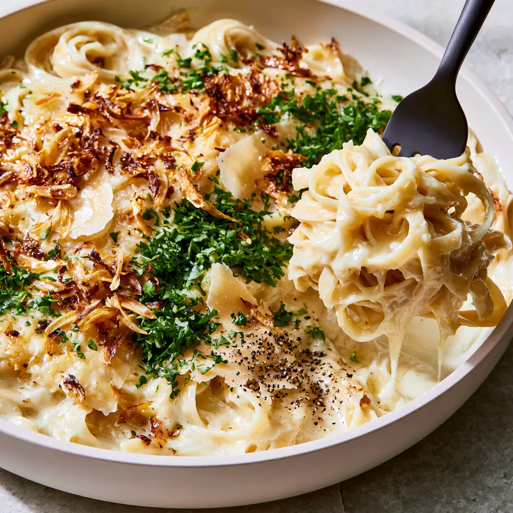 Close up of melted parmesan shavings and golden garlic slivers on top of ivory cream pasta.